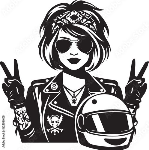Vector art of cool biker girl with peace sign isolated on white background