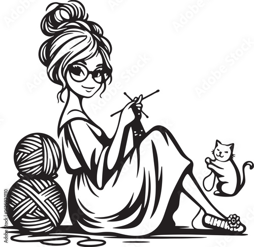 Vector art of woman knitting with a cat isolated on white background, a relaxing hobby