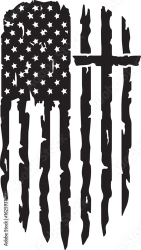 Vector art of distressed american flag with cross isolated on white background