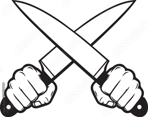 Vector art of crossed knives held in hand isolated on white background