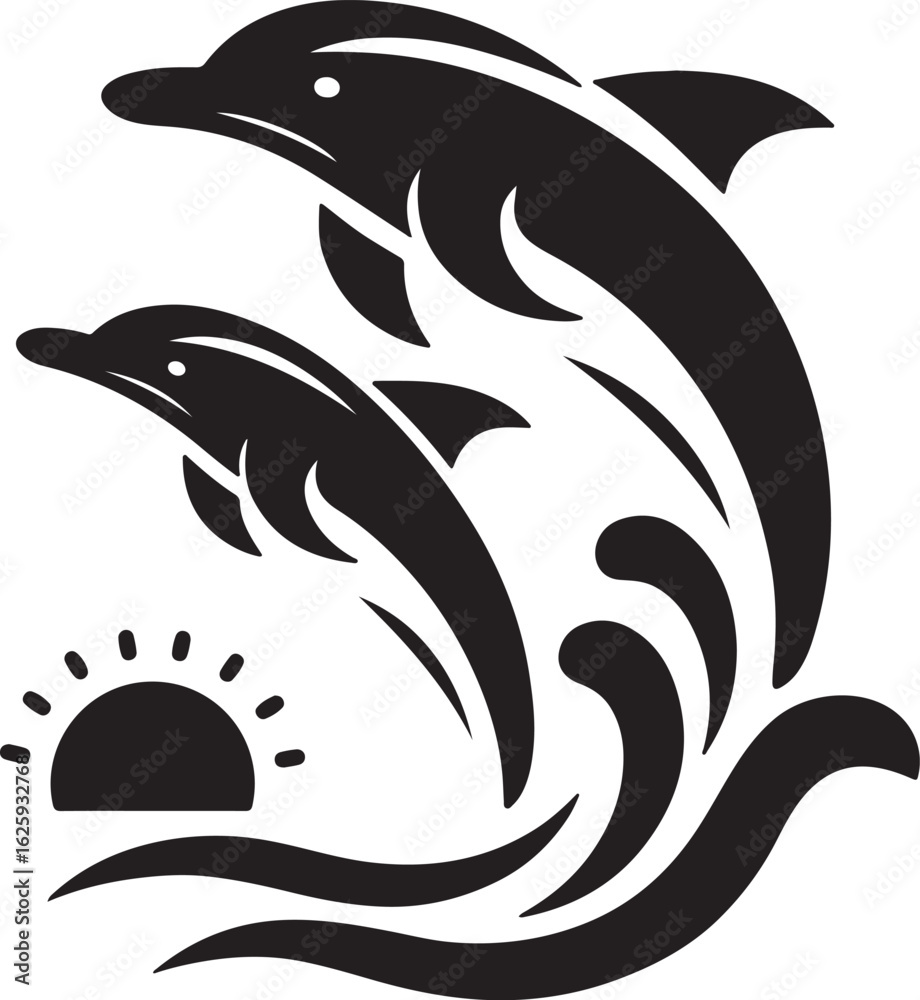 Naklejka premium Vector art of silhouette of two dolphins jumping out of the water isolated on white background