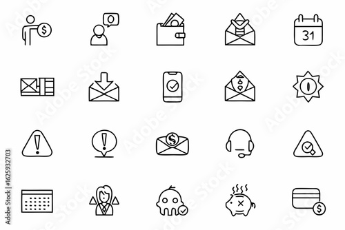 A simple yet expressive line-art set of common billing scenarios — ideal for explainer videos, finance blogs, and accounting apps