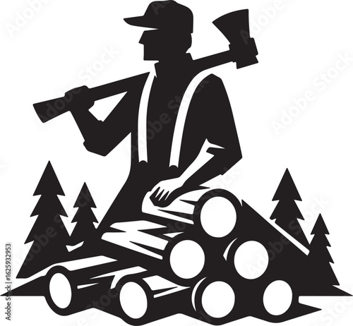Vector art of silhouette of lumberjack with axe and pile of logs isolated on white background