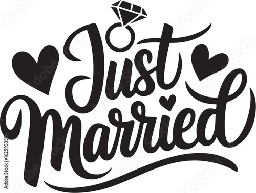 Vector art of just married lettering with diamond ring and hearts isolated on white background