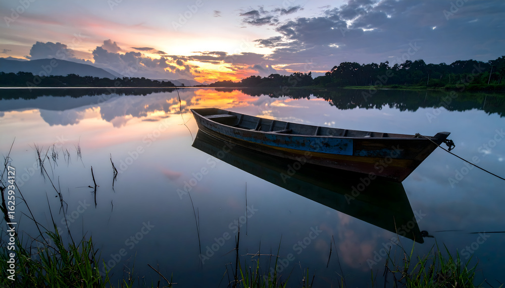 Obraz premium Serene lake scenery with a boat floating gently at twilight with sky reflection