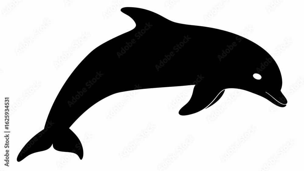 Fototapeta premium Silhouette of a dolphin jumping upwards with its tail fin visible and a smooth body in a black color scheme