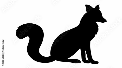 Silhouette of a fox sitting with a bushy tail and pointed ears in a simple black and white design style