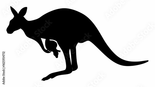 Silhouette illustration of a kangaroo with a joey in its pouch in a side profile view on a white background