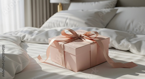 A light pink gift box with a delicate ribbon bow rests on a pristine white bed, illuminated by natural sunlight.