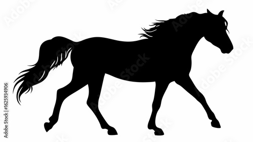 Silhouette of a horse in motion with flowing mane and tail against a white background in a side view