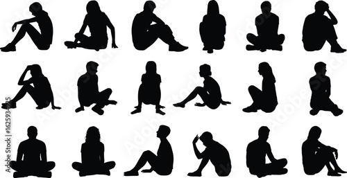 Sitting people silhouettes, male and female, casual seated poses, floor sitting positions, vector illustration, black figures on white background