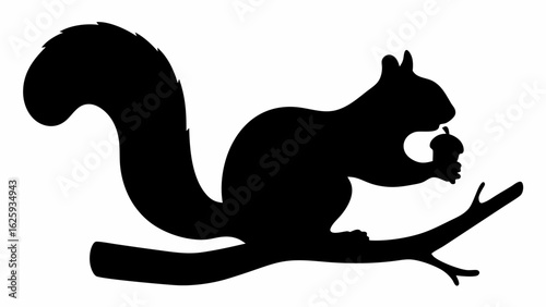 Silhouette of a squirrel sitting on a branch holding an acorn with its paws, against a white background