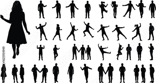 Diverse human silhouette collection showing poses for dance, walk, interact, expressive movement design, isolated black figures, vector illustration asset