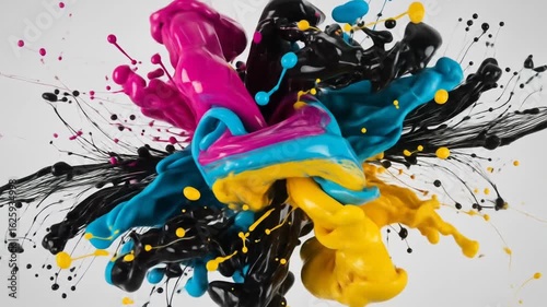 Dynamic Explosion of CMYK Ink Splashes on White Background with Vibrant Colors and Abstract Fluid Motion