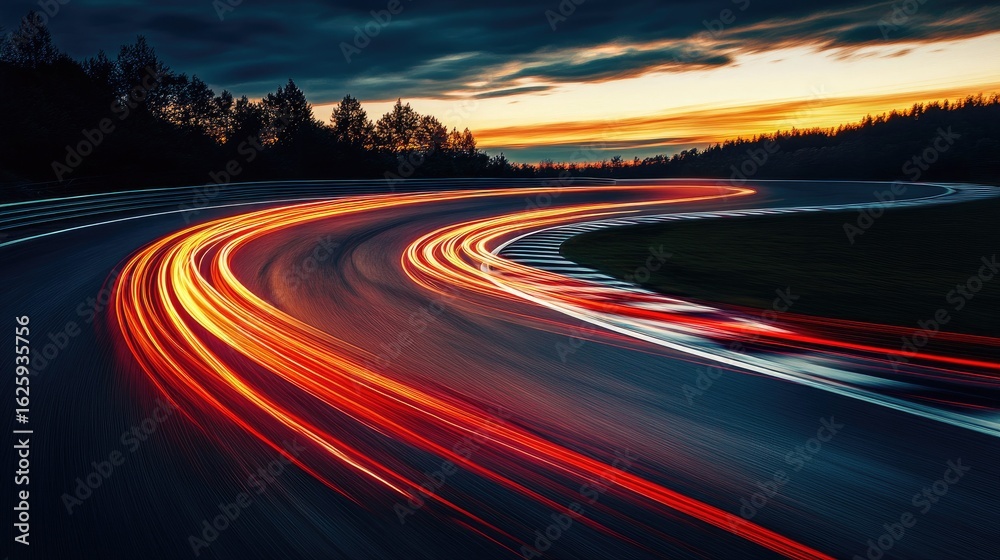 Naklejka premium High-speed car trail lights blurring along a winding race track at dusk, creating a sense of thrilling motion and fast-paced action