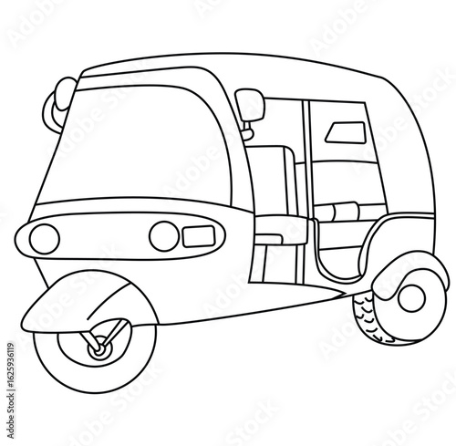 Cute cartoon hand drawn vector auto rickshaw outline.