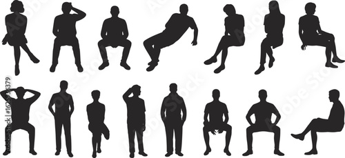 Silhouettes of men and women sitting in various casual poses, relaxed body language, gesture, casual attitude, informal sitting collection