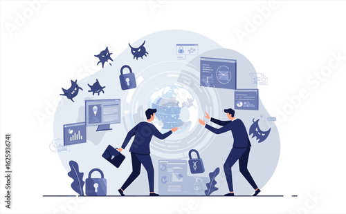 Vector Illustration of Cyber Security Concept with World Globe Data Protection and Attackers in Modern Minimalist Style