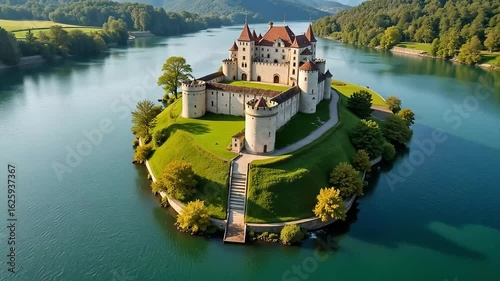 Fairytale castle perched on island in shimmering lake, ideal for travel and adventure stories