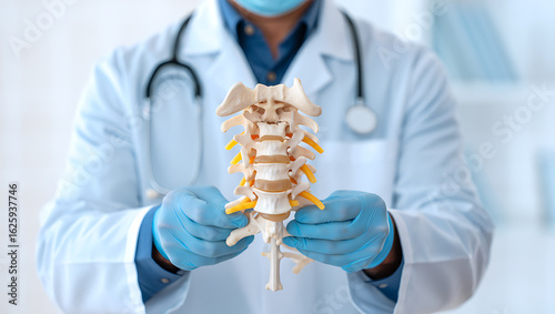 Doctor holding cervical spine model medical anatomy