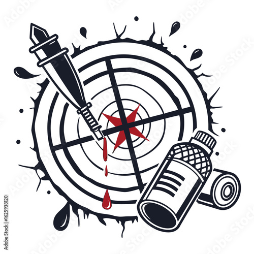 Tattoo artist s tools including a tattoo machine ink bottle and target with blood splatters