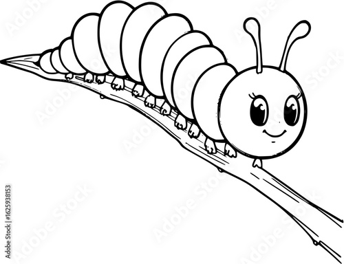 Cute line art illustration of a caterpillar with big eyes on a branch, for a coloring page