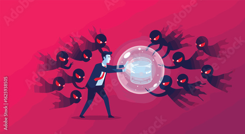 Vector Illustration of Man Defending Data from Threats with Bubble in Modern Style on Red Background