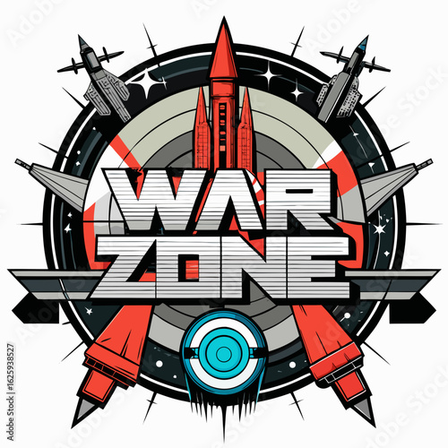 Futuristic war zone emblem with rockets jets and target symbol