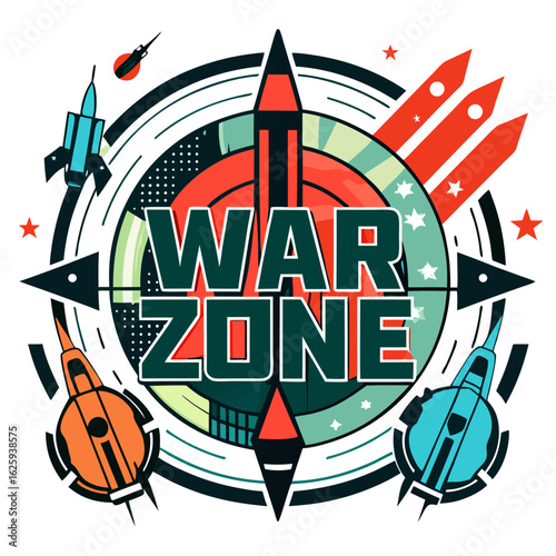 Retro war zone emblem with rockets and spaceships