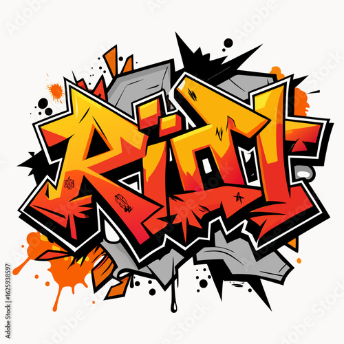 Bold graffiti art word rage in vibrant orange and yellow with black outlines and grey accents