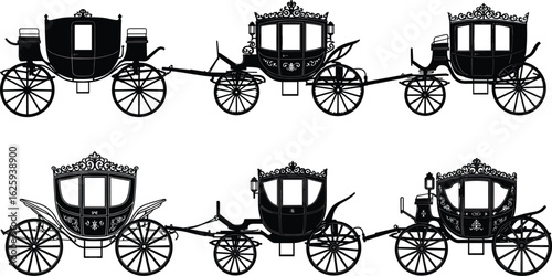 Vintage horse-drawn carriages in silhouette, ornate Victorian transportation, elegant antique coaches, classic craftsmanship, royalty era travel, black graphic illustration