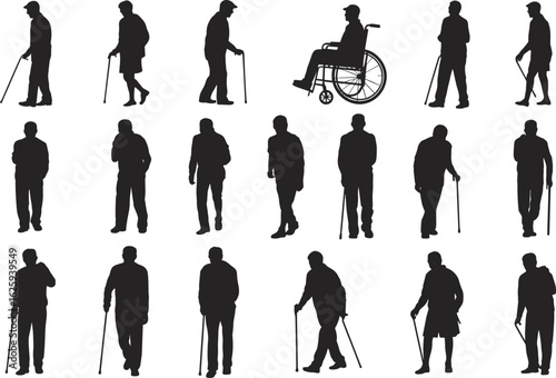 Silhouettes of elderly people, men with canes, walking aid, wheelchair user, senior citizen figures, aging, mobility support illustration