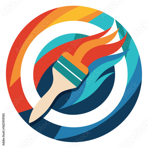Creative paintbrush creating a colorful abstract circular design with fiery and watery elements