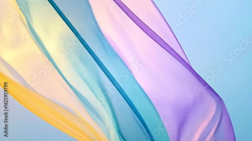 Swirling fabric in soft pastel hues floats against a light blue, gradient backdrop
