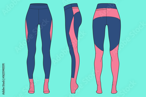 Women's Colour Block Sports Running Tights Leggings Pants Design Fashion Flat Sketch Vector Illustration Template Front Back and Side Views.