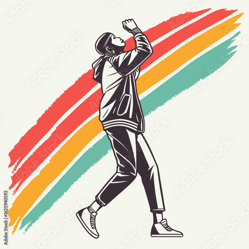 Stylish young man in a hoodie and cap looking up with a vibrant retro stripe background