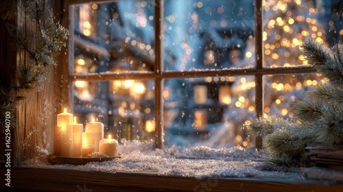 snowy winter window scene, warm glowing candles on wooden windowsill, soft falling snow outside, decorated christmas tree with twinkling fairy lights