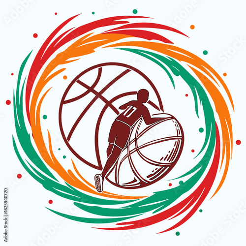 Dynamic basketball player silhouette dribbling with colorful swirling motion and dots