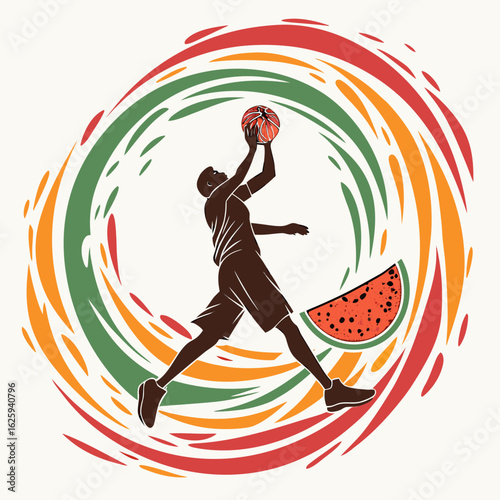 Silhouette of a basketball player dunking with a watermelon slice and colorful swirling background