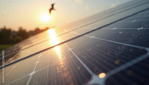 s a bird flying over a solar panel at sunset