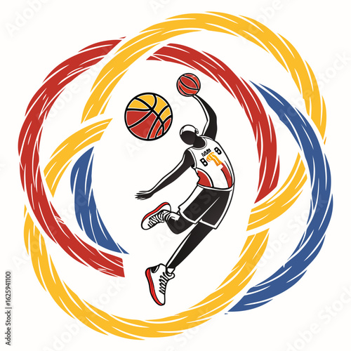 Dynamic basketball player dunking with colorful swirls background