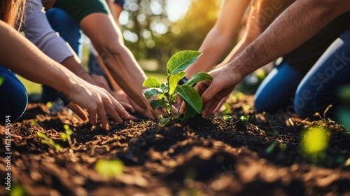 A sustainable business's team participating in a green initiative, action shot, in an outdoor setting