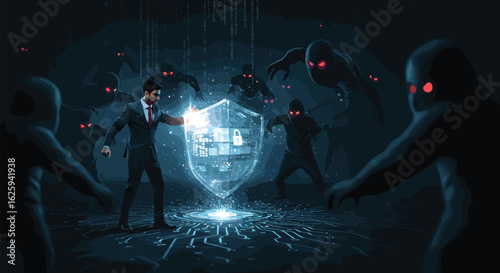 Vector Illustration of Cyber Security Shield with Man and Threatening Silhouettes Security Concept Modern Vector Illustration
