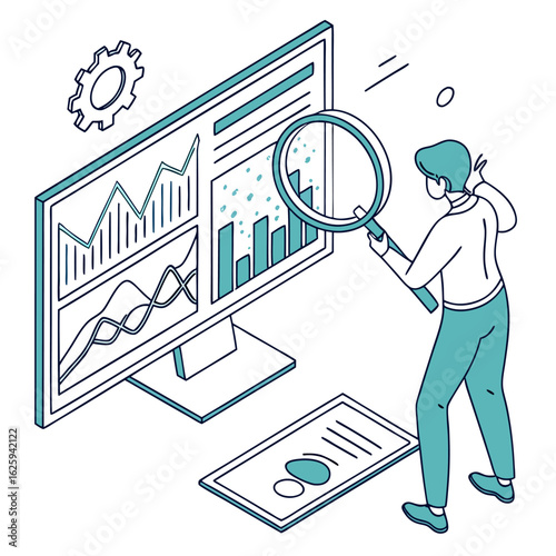 Flat illustration of a person analyzing charts and graphs on a large screen, data visualizations, magnifying glass, modern workspace, line art with cool blue and teal, subtle gradients, white backgrou