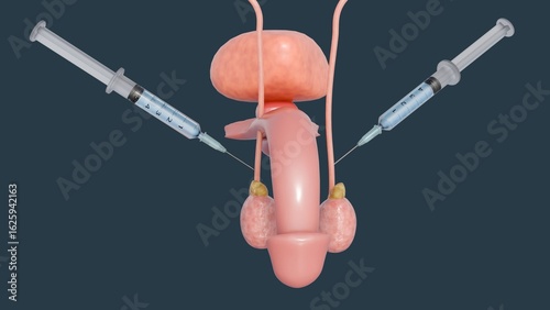 A 3d rendering of male reproductive system and a medical syringe. A concept or procedure related to male contraception, a form of injectable birth control that targets the testes. 