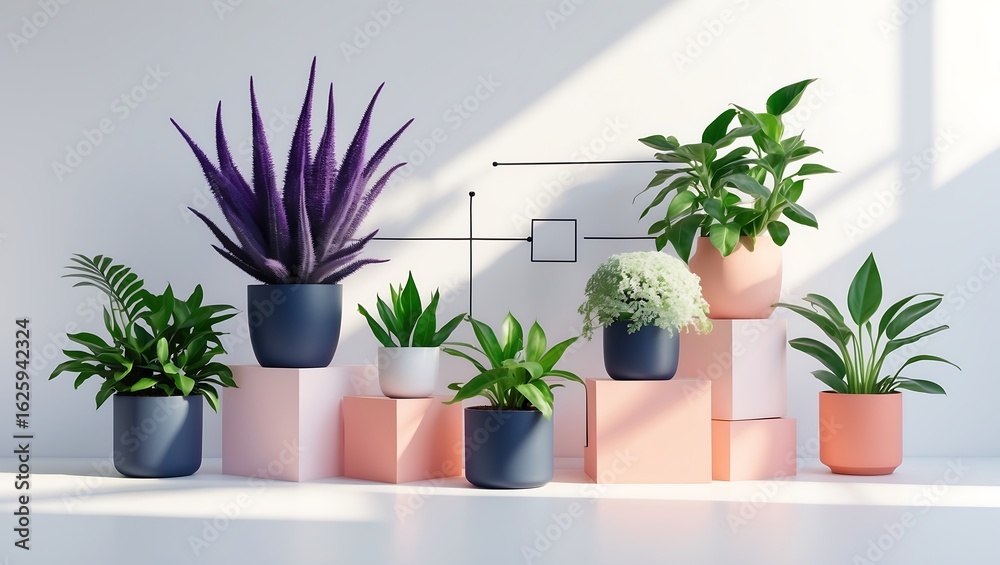 Obraz premium Collection of various potted houseplants arranged with soft lighting and geometric shapes