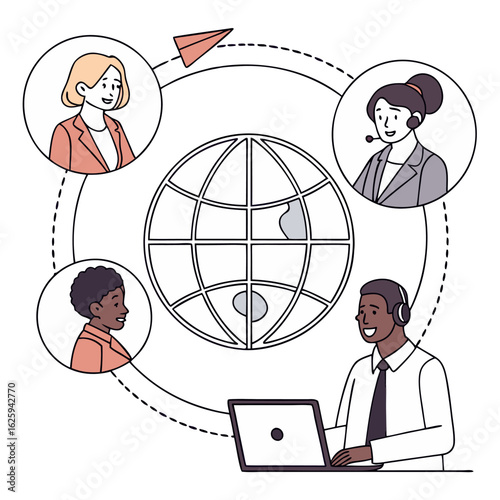 Flat illustration of diverse business people connected virtually around a globe icon, video call interface, line art with muted professional colors, white background, global collaboration vector