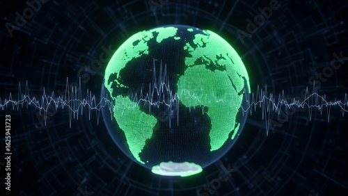 This image features a glowing green Earth globe with a dynamic sound wave pattern, symbolizing global communication, digital connectivity, and real-time data analysis.