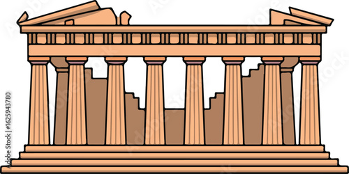 Illustration of a partially ruined temple with columns and a triangular roof structure in beige color