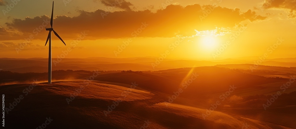 Obraz premium Wind Turbine Silhouette at Sunset Over Rolling Hills